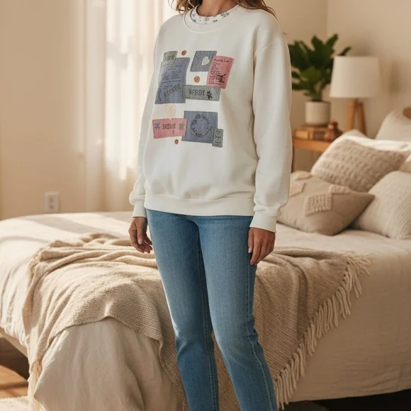 Vintage Teddi Cream Crew Neck Sweater with Patchwork Design Cottage Core - Picture 2 of 5